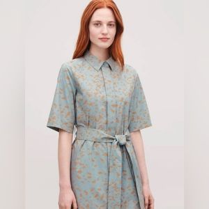 COS PRINTED COTTON SHIRT DRESS IN POWDER BLUE / BURNT ORANGE, size 2